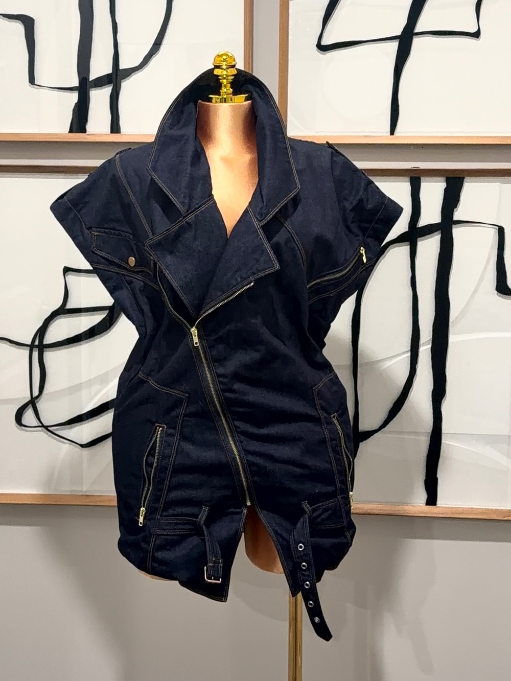 Fashion Nova Black Denim Moto Vest with Gold Zippers